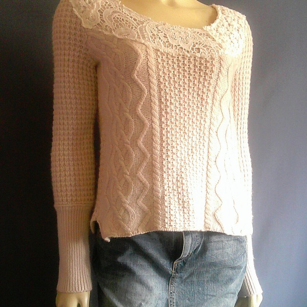Free People Cream Lace Wool Blend Neckline Cabled Cropped Sweater M